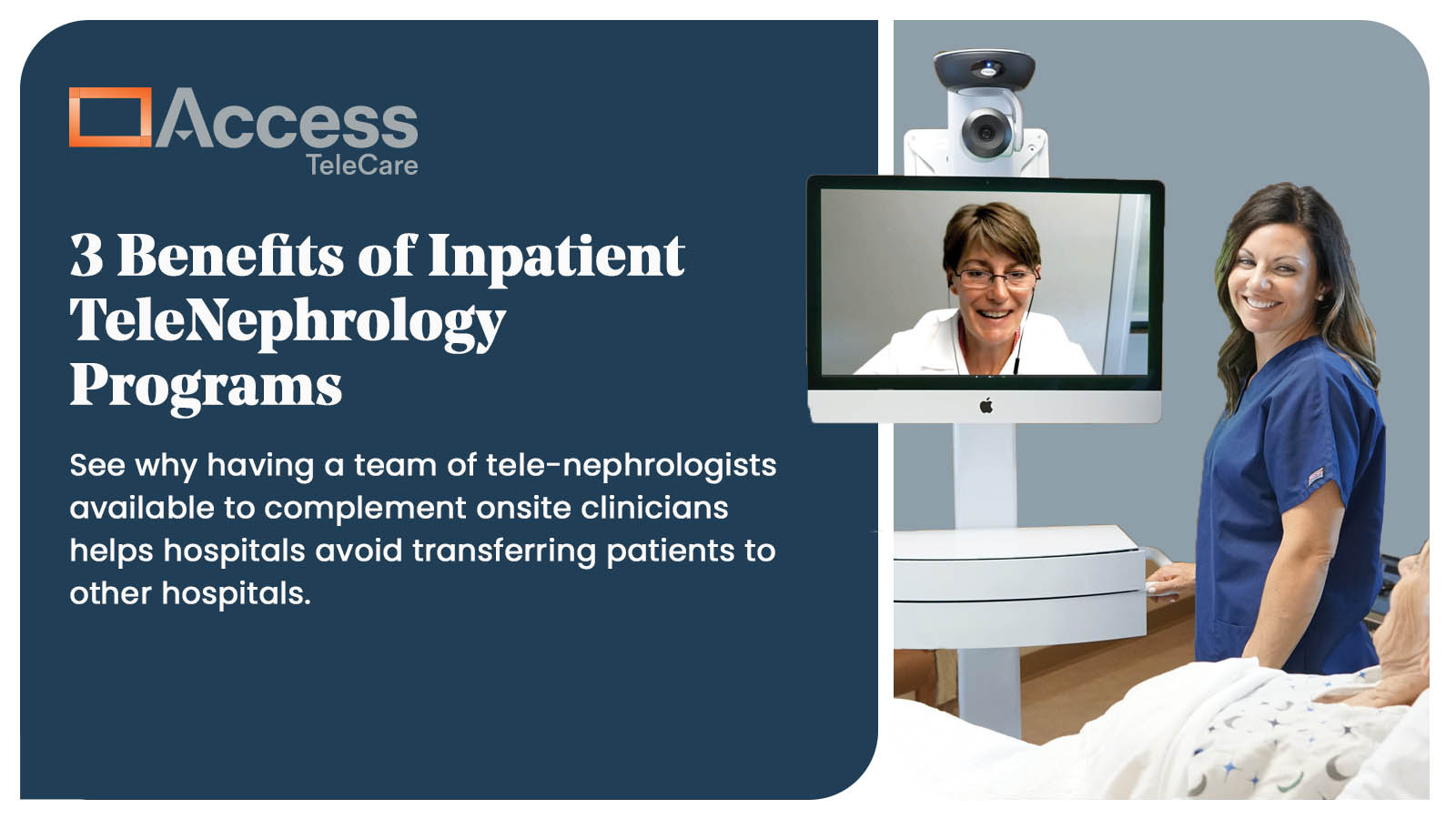 Telemedicine specialist and health professional discuss inpatient telenephrology with a patient, highlighting its benefits