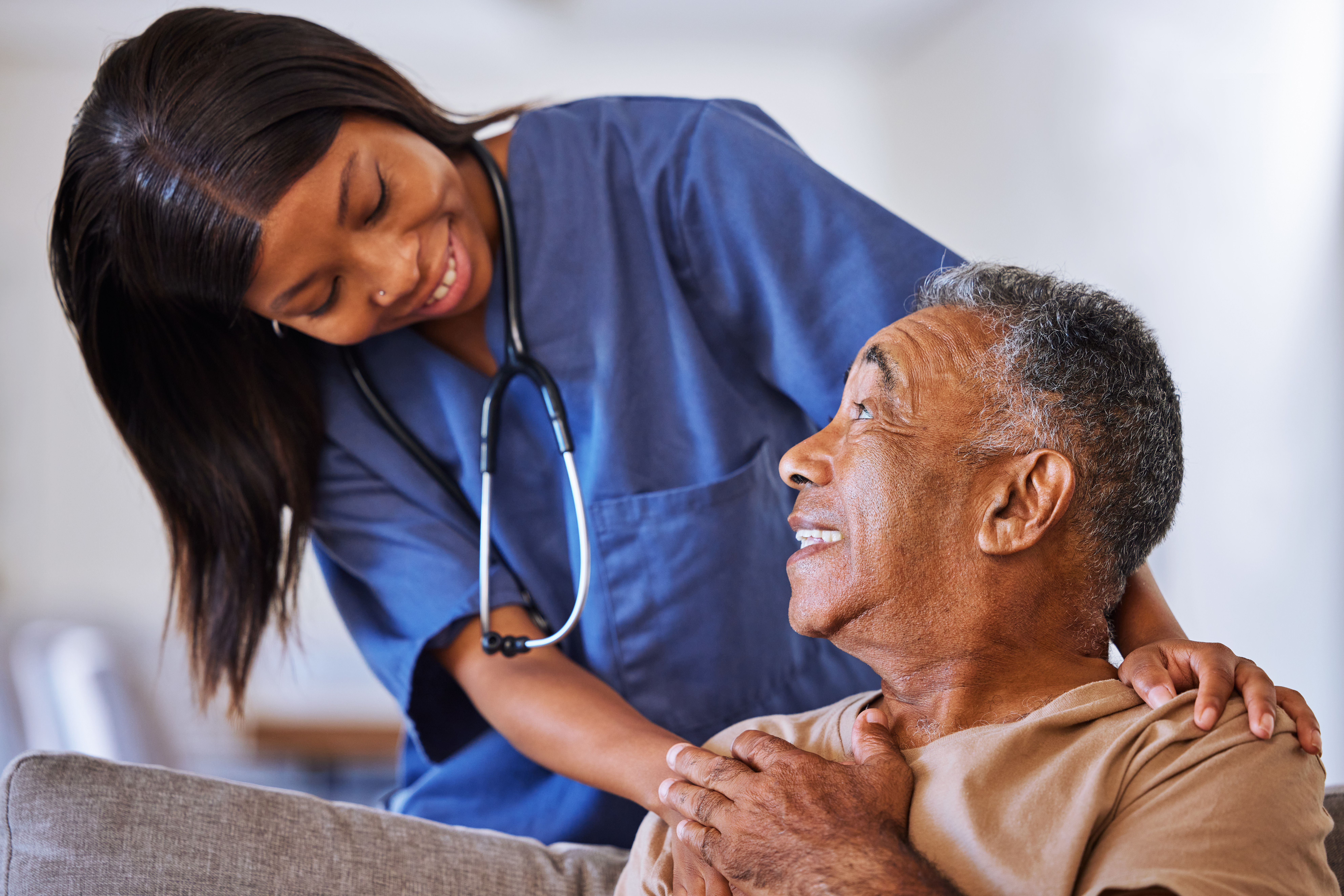 Senior man, volunteer nurse or support caregiver help with elderly in behavioral health hospital.